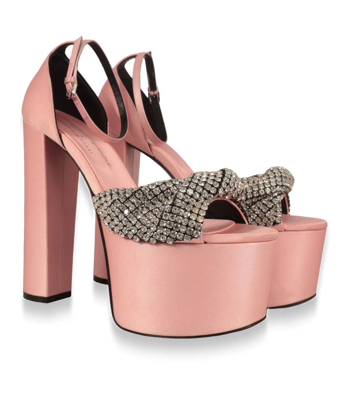 Sergio Rossi Plateau-Sandalen aus rosé Satin mit Kristallband, Paaransicht