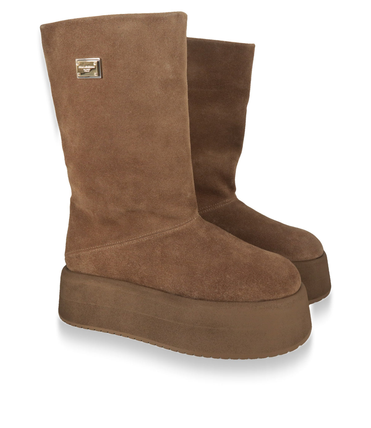 Dolce & Gabbana Damenstiefel Nocciola mit Logoplakette, Paar in Dreiviertelansicht