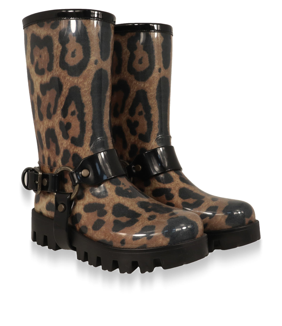 Dolce & Gabbana Damenstiefel aus PVC mit Leoparden-Print im Paar von schräg vorne