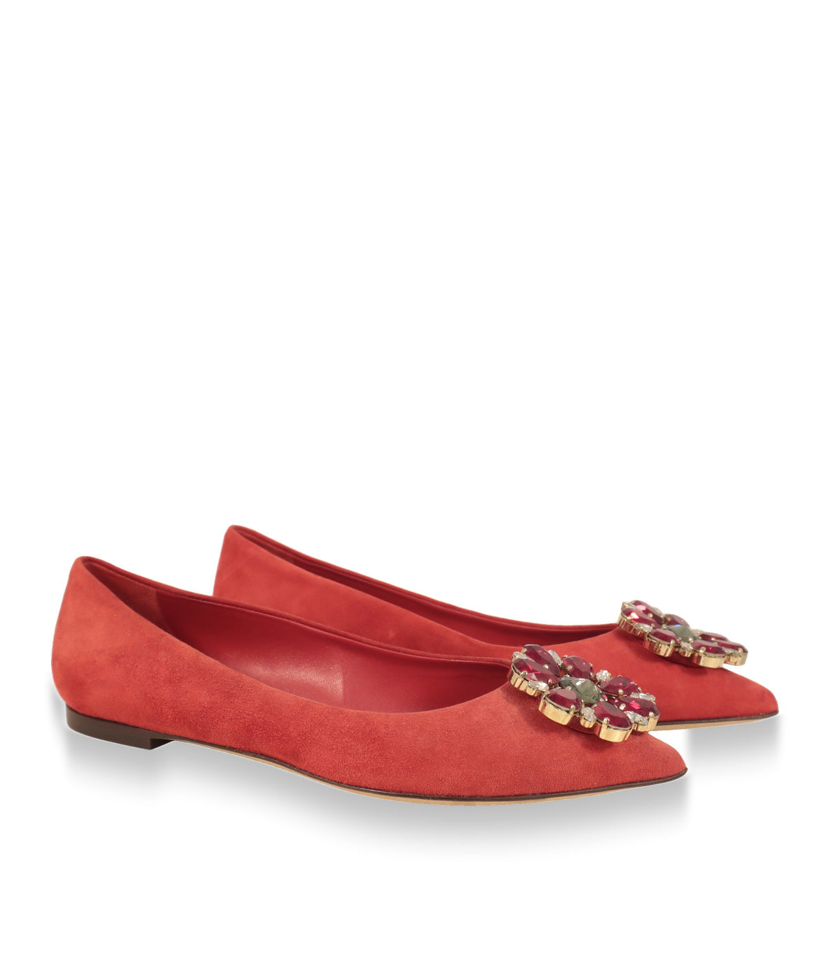 Dolce & Gabbana Ballerinas Rot mit Kristallbrosche, Paaransicht schräg von vorn
