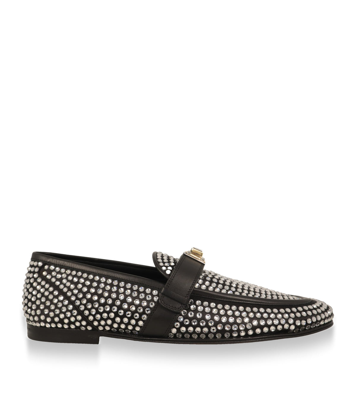 Schwarzer D&G Loafer mit Strassbesatz und Lederriemen, Profilansicht