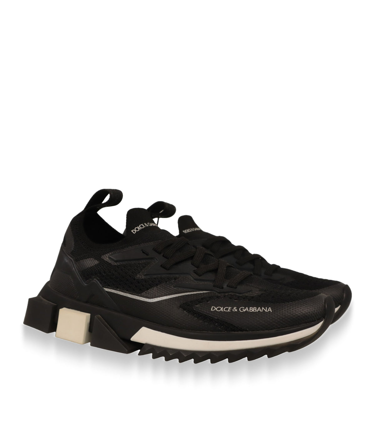Dolce & Gabbana Damen Sneaker aus Strickgewebe, seitliche Dreiviertelansicht des Paares