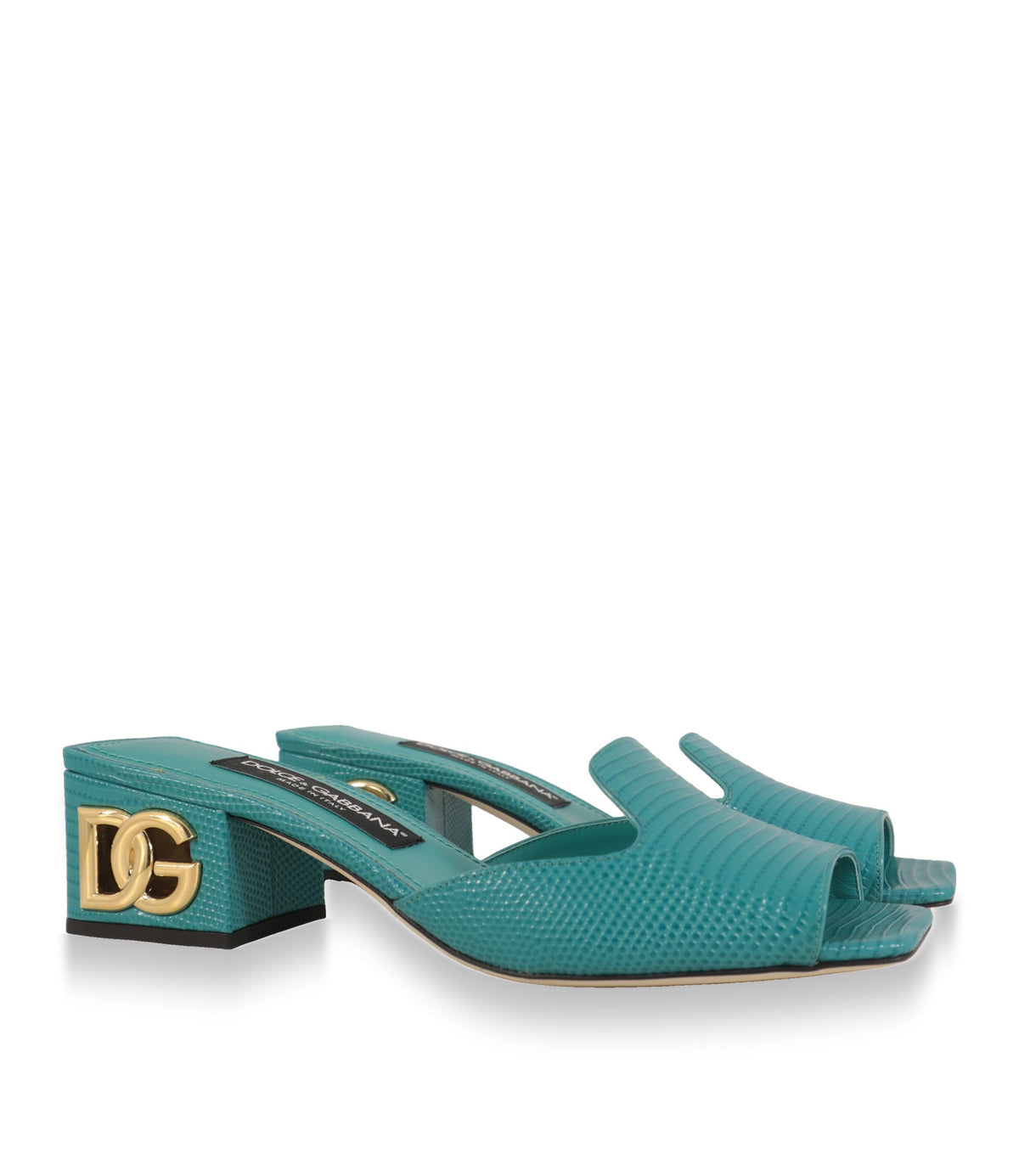 Dolce & Gabbana Pantoletten aus türkisfarbenem Leder in Iguana-Prägung, Schrägansicht