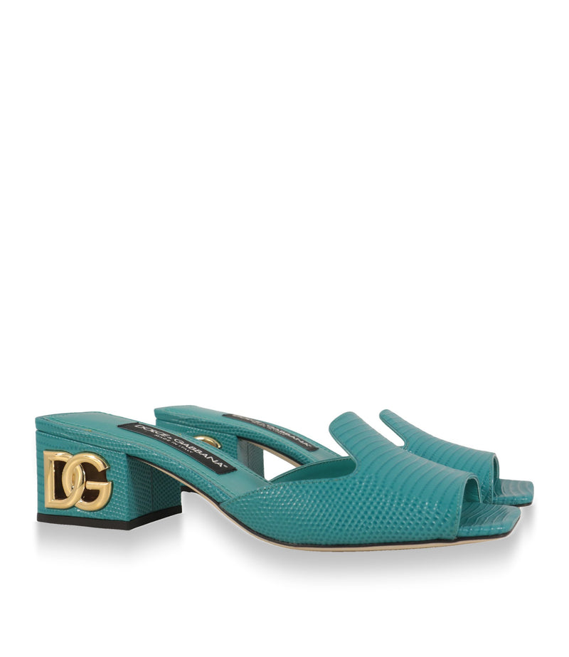 Dolce & Gabbana Pantoletten aus türkisfarbenem Leder in Iguana-Prägung, Schrägansicht