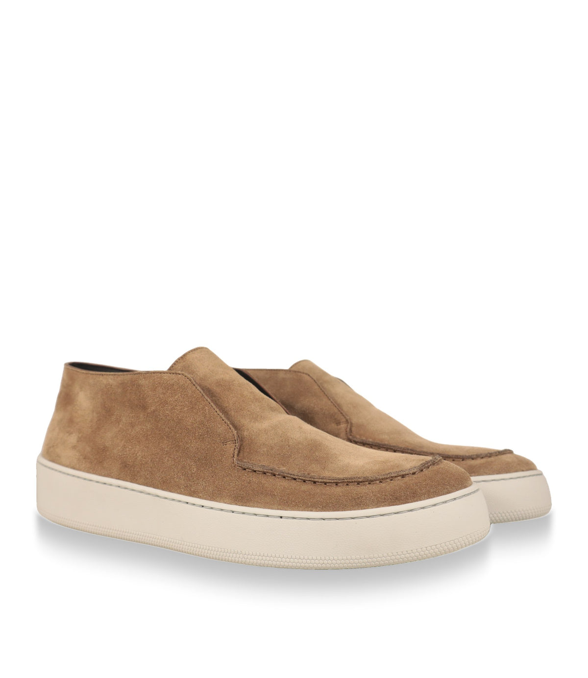 Sergio Rossi Slip-On Sneaker Paar in Taupe, Dreiviertelansicht mit Mokassinnaht