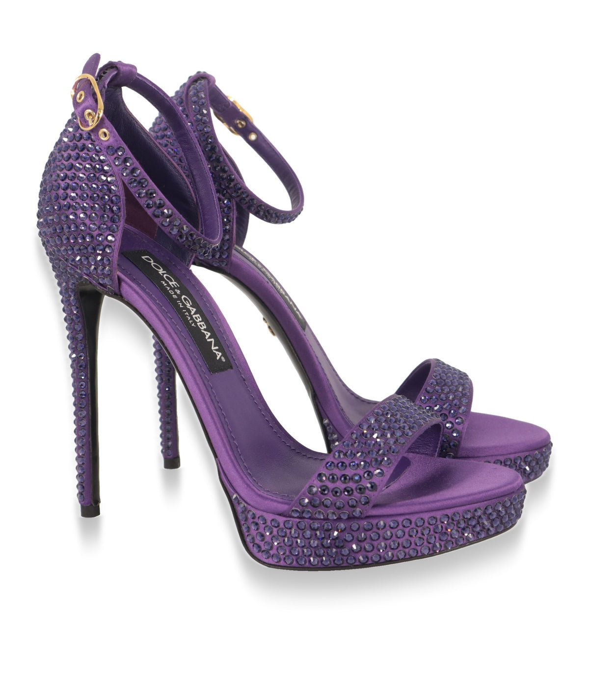 Dolce & Gabbana High Heels in Lila aus Satin mit Strass, Paaransicht von vorn seitlich