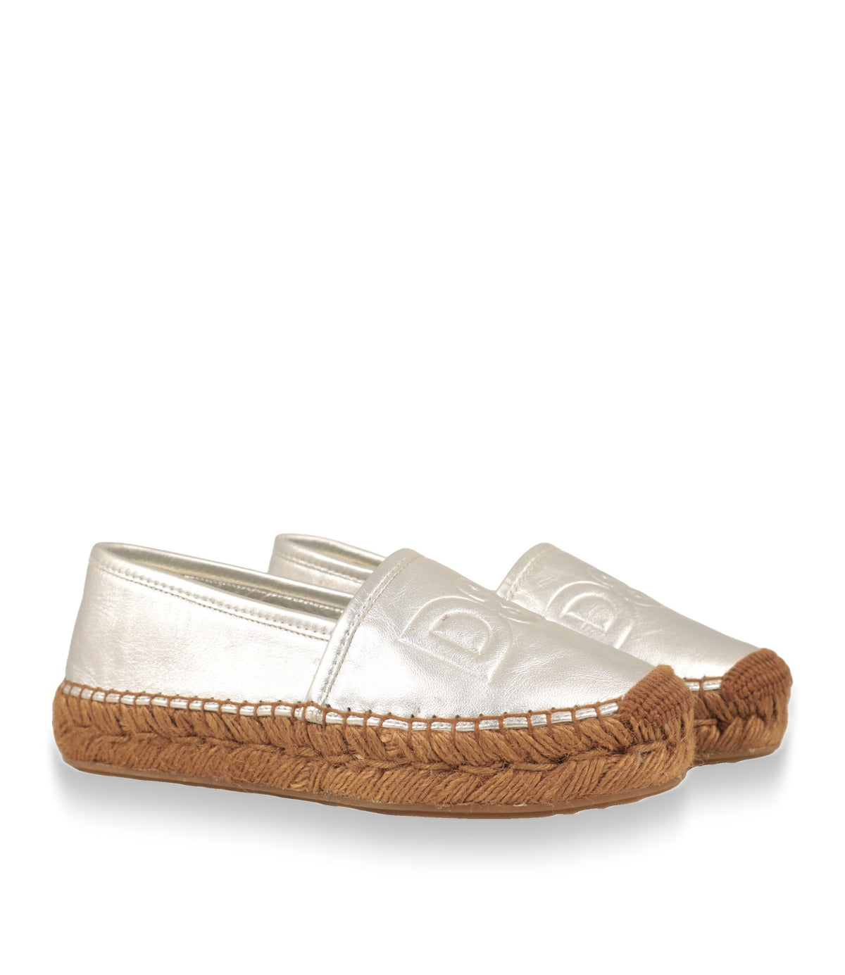 Dolce & Gabbana Espadrilles Damenschuhe silber, Schrägansicht des Paares mit D&G-Logoprägung