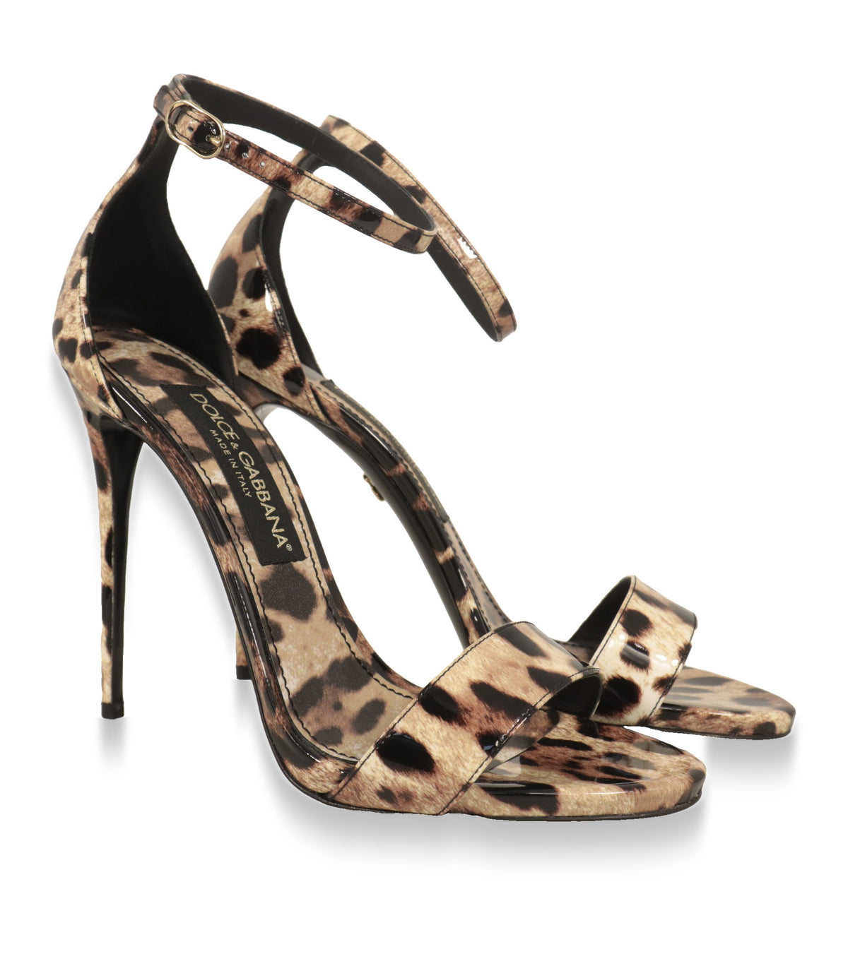 Dolce & Gabbana Sandaletten Leoparden-Print Paar in Schrägansicht mit Knöchelriemen