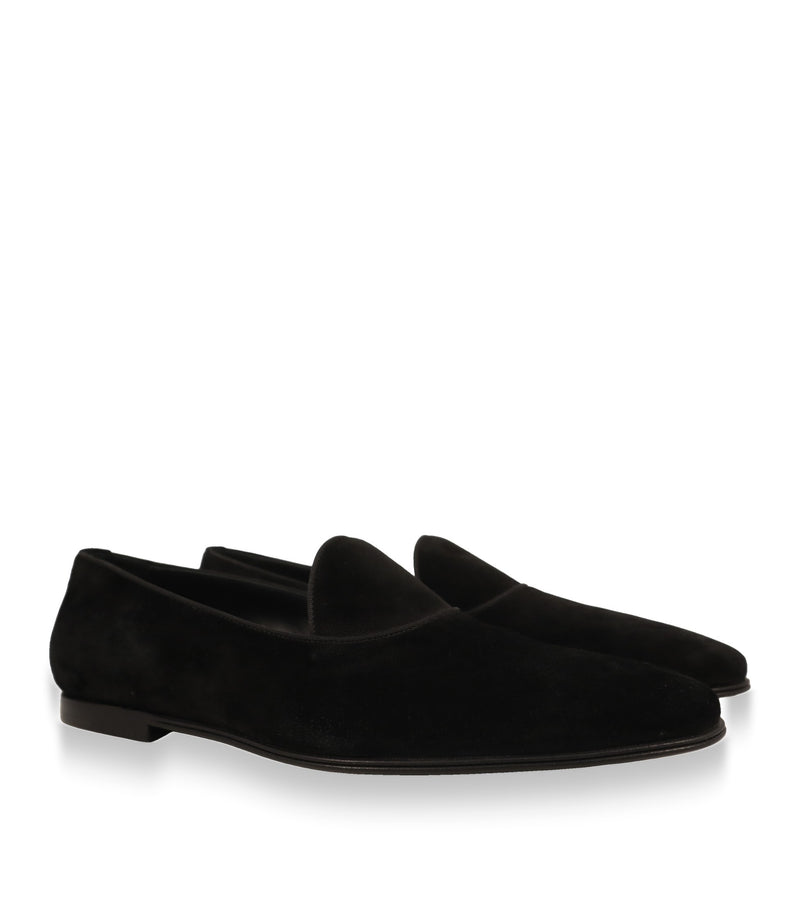 Schwarze Dolce & Gabbana Herren Slipper aus Veloursleder in der Schrägansicht