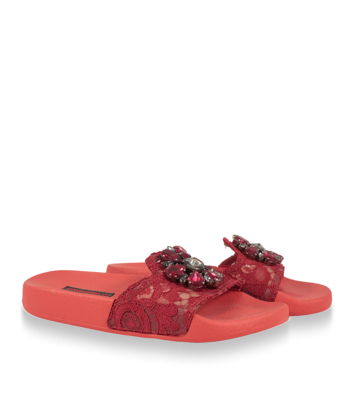 Rote Dolce & Gabbana Badesandalen mit Kristallblüte und Logo-Label, Paaransicht