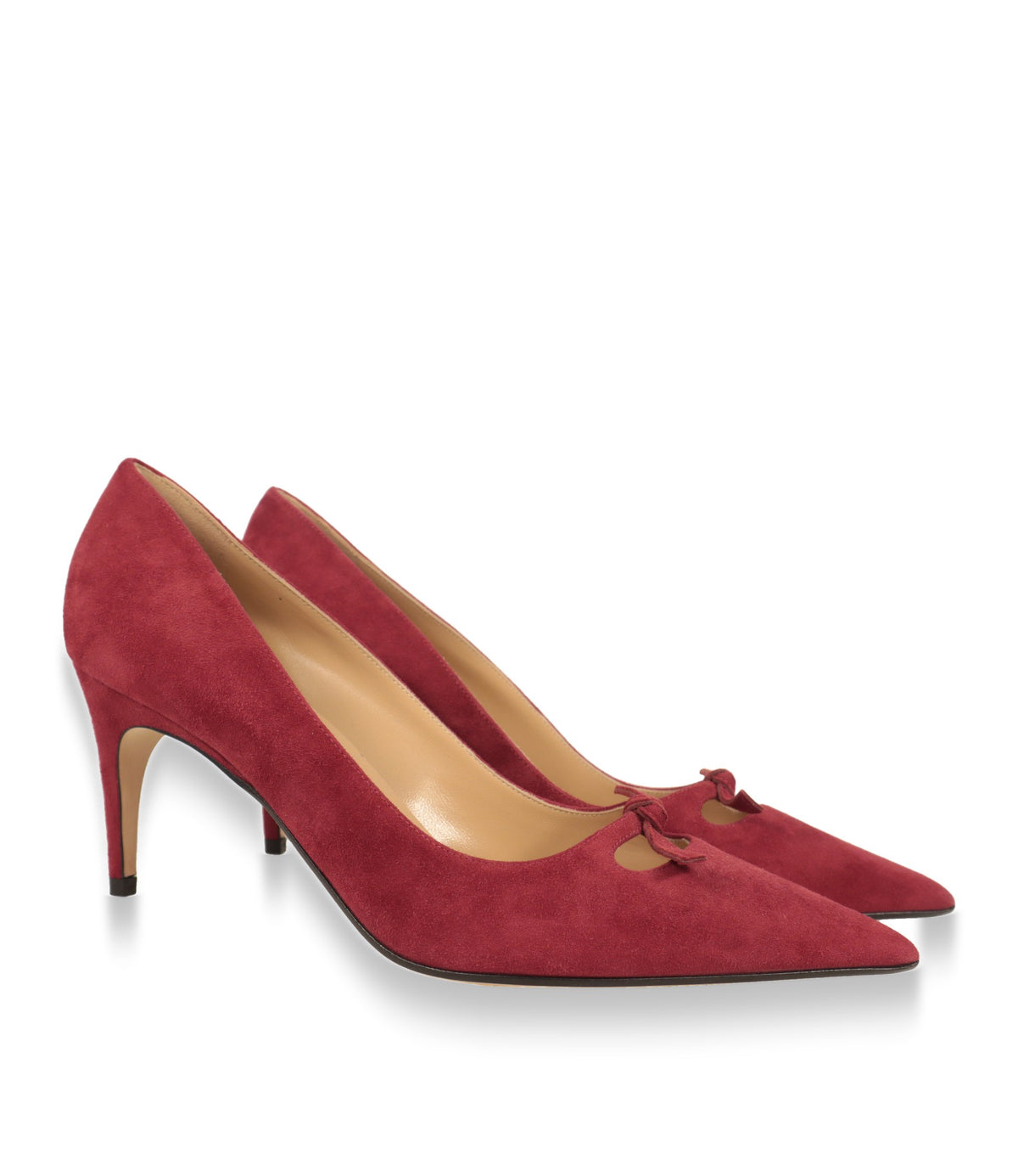 Sergio Rossi Damen Pumps in Rot als Paar in Dreiviertelansicht mit Schleifendetail