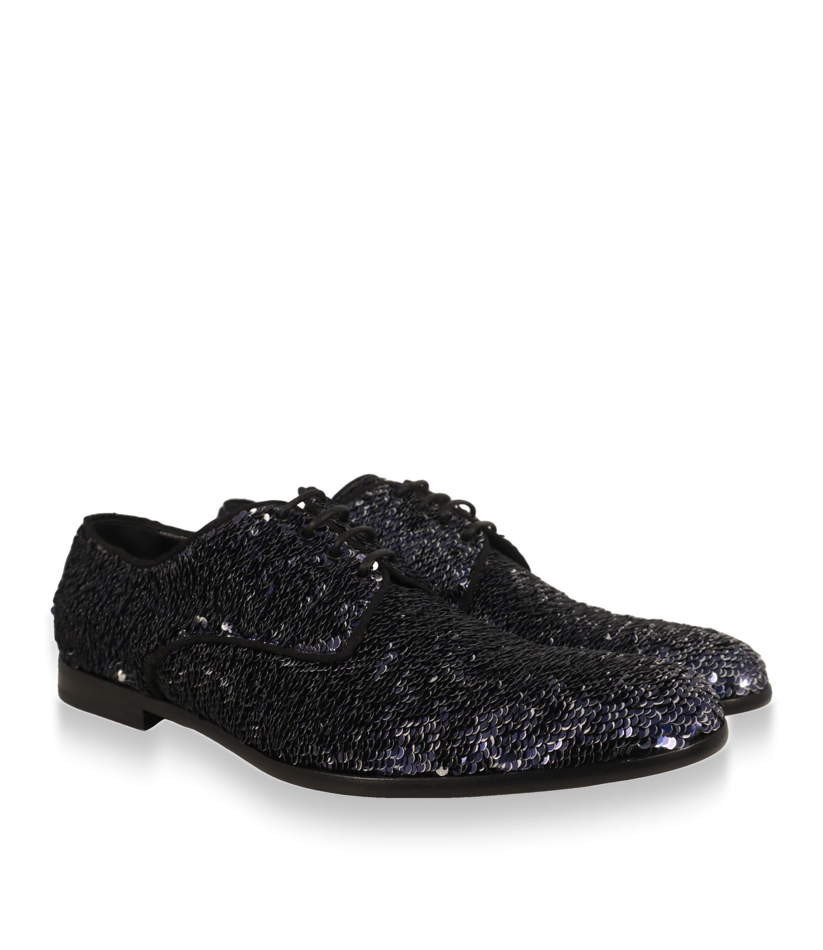 Dolce & Gabbana Derby Schuhe Paar mit blau-silbernen Pailletten, Schrägansicht
