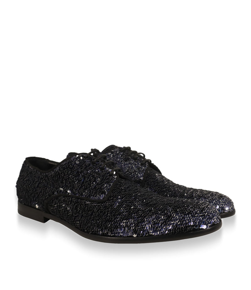 Dolce & Gabbana Derby Schuhe Paar mit blau-silbernen Pailletten, Schrägansicht