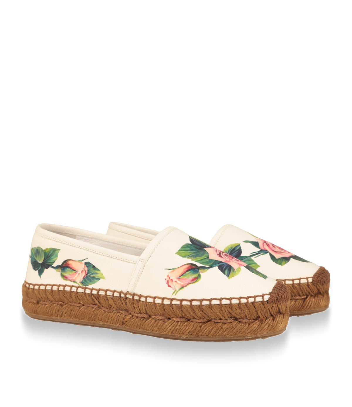 Dolce & Gabbana Espadrilles Damen in Weiß mit floralem Rosendruck, Dreiviertelansicht des Paares