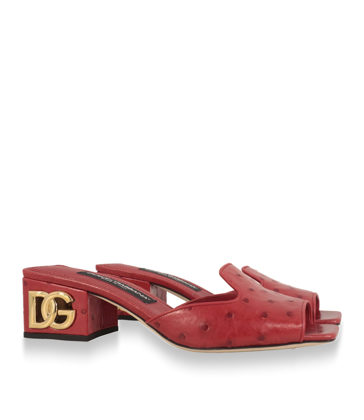 Rote Dolce & Gabbana Mules Größe 39 aus Nappaleder, Dreiviertelansicht mit Logo-Absatz