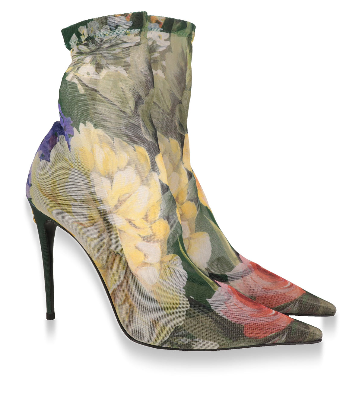 Dolce & Gabbana Stiefeletten Paar mit Blumenmuster und spitzer Kappe seitlich fotografiert