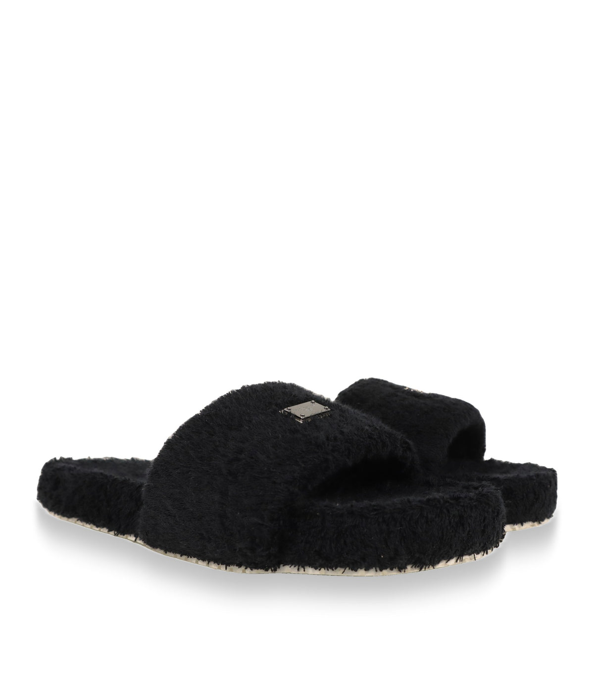 Dolce & Gabbana Pantoletten Herren, Schrägansicht mit silberner Logoplakette auf dem Riemen