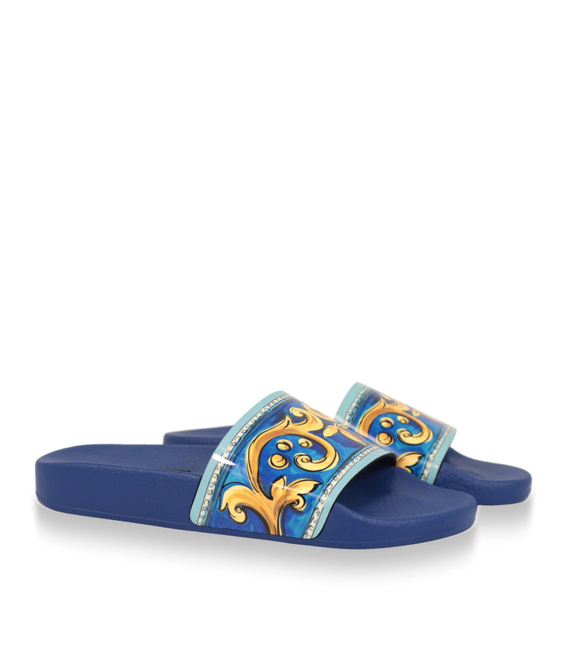 Dolce & Gabbana Badesandalen Damen, Paar in Blau-Gold in Dreiviertelansicht