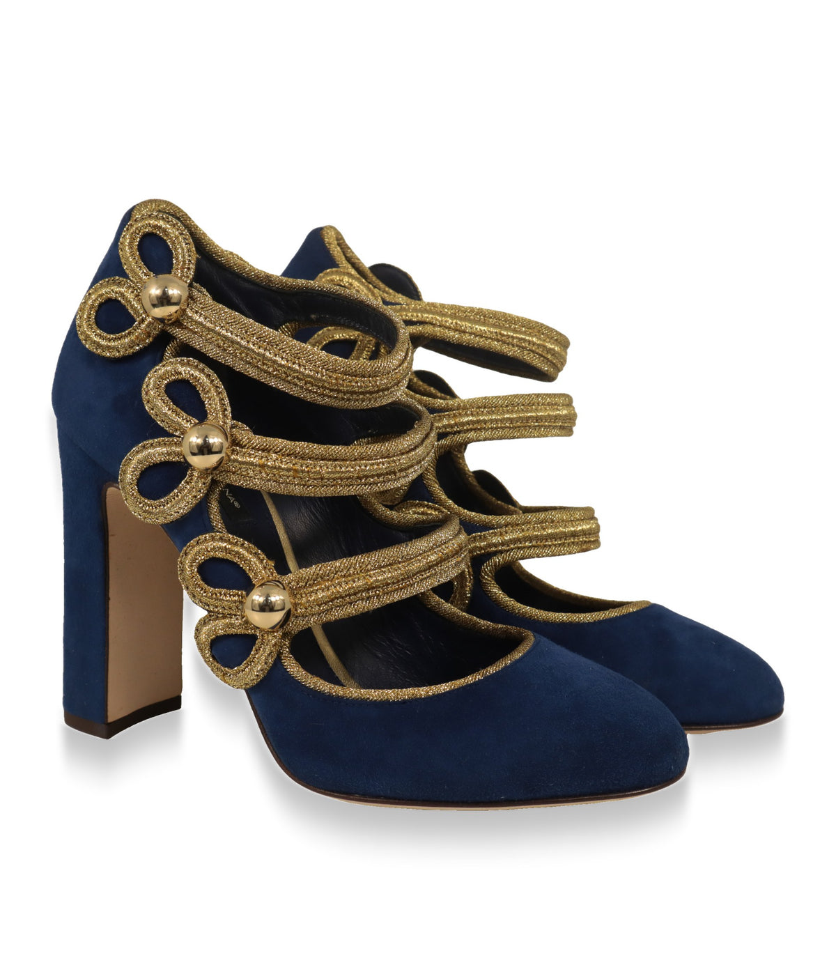 Dolce & Gabbana Mary Jane Pumps in Blau mit Blockabsatz und goldener Passementerie, Paaransicht schräg