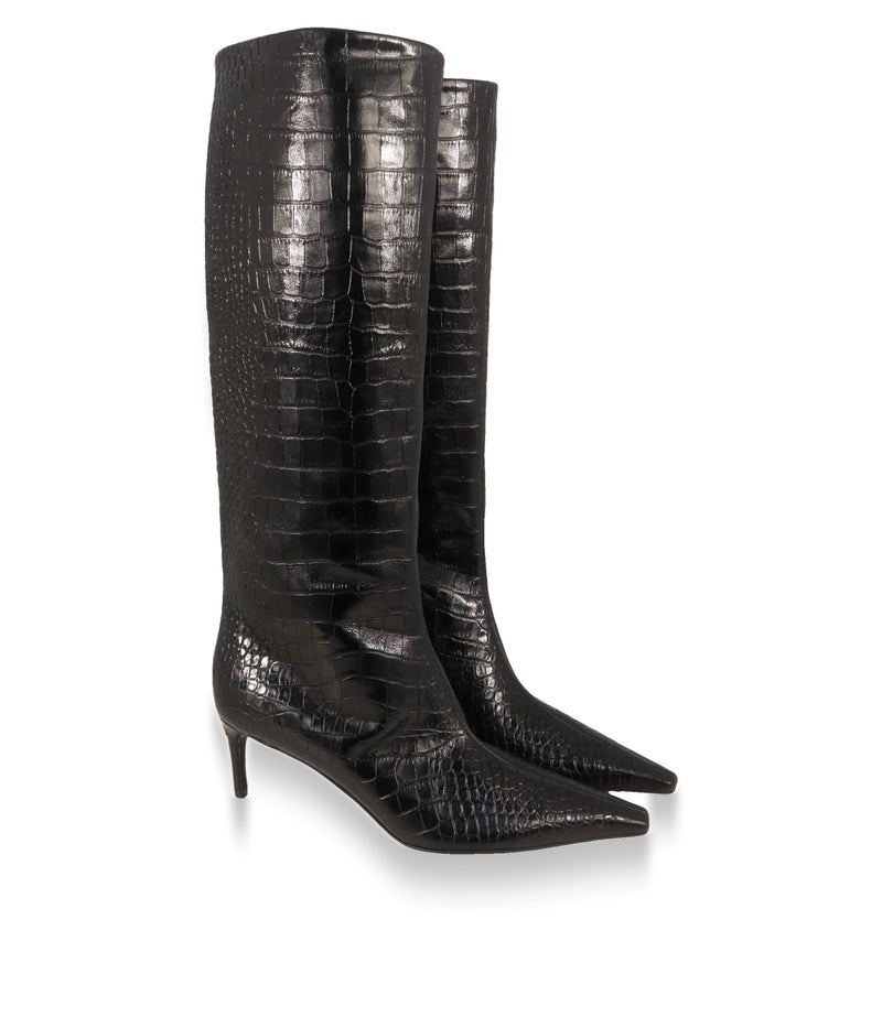 Schwarze Dolce & Gabbana Lederstiefel Größe 39 im Paar, Dreiviertelansicht