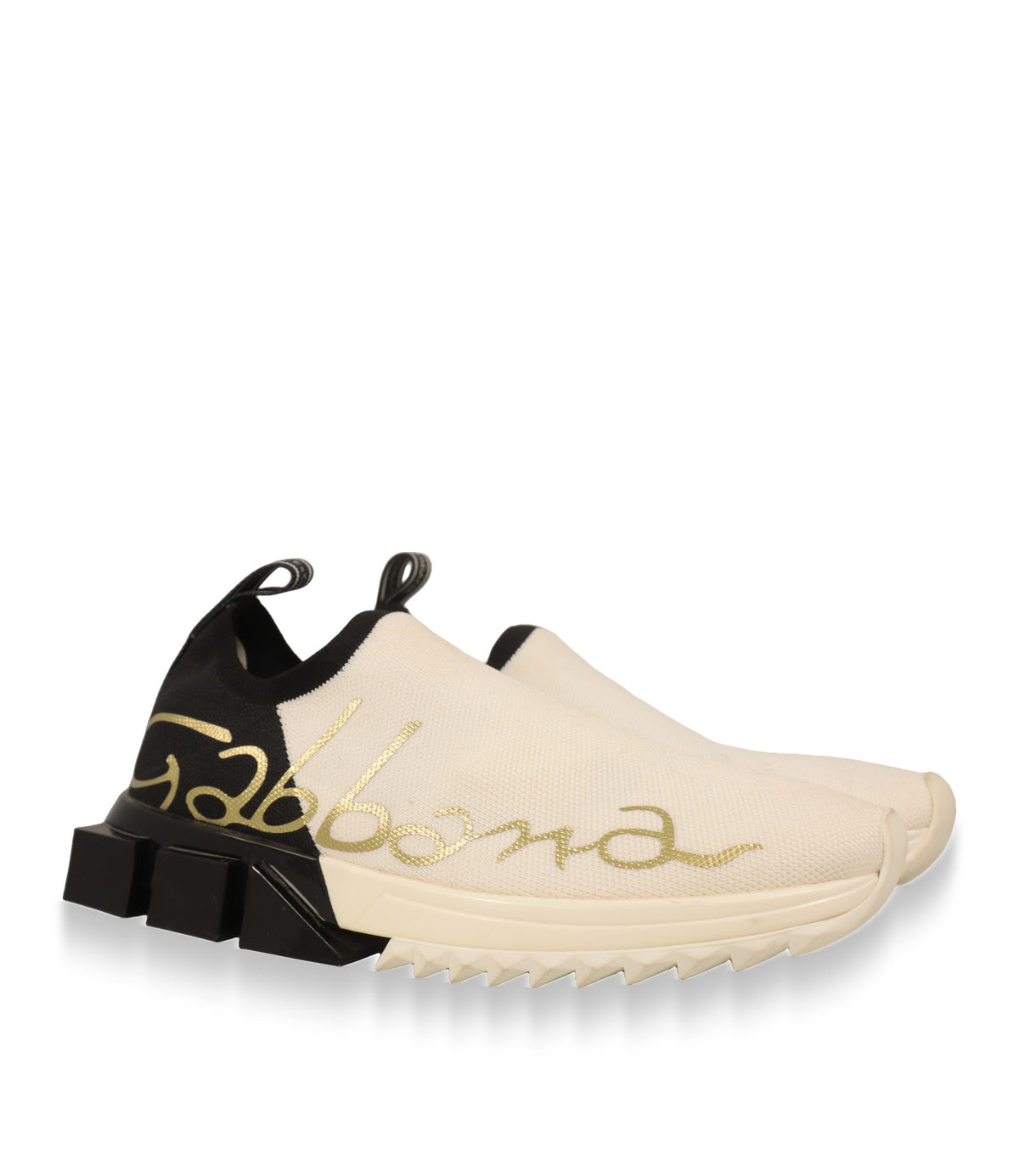 Dolce & Gabbana Sneaker aus Stretch-Strick in Weiß-Schwarz mit gezackter Gummisohle, Schrägansicht