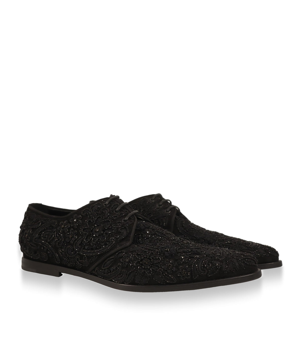 Dolce & Gabbana Derby Schuhe Paar in Schwarz mit floraler Perlenstickerei, Dreiviertelansicht