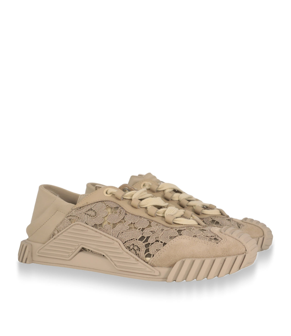 Dolce & Gabbana Sneaker Damen aus Spitze und Veloursleder, Schrägansicht des Paares