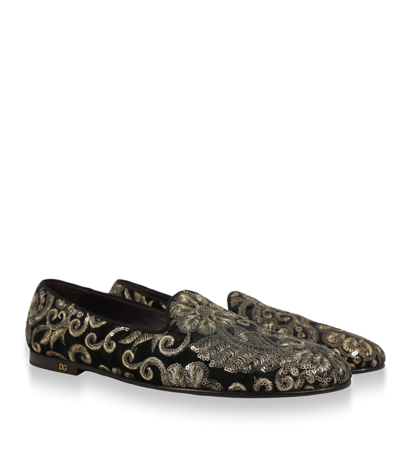 Dolce & Gabbana Slipper Paar aus Samt mit Pailletten-Stickerei, Dreiviertelansicht