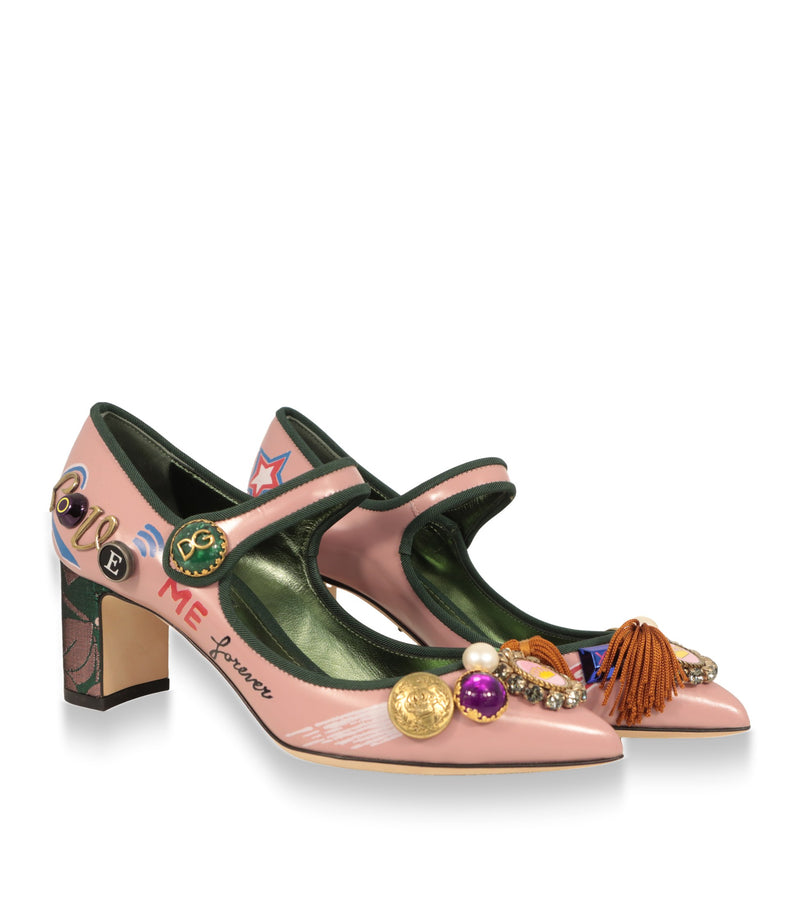 Dolce & Gabbana Damenschuhe aus rosa Kalbsleder mit Perlen, Quaste und Kristallbrosche, Paaransicht