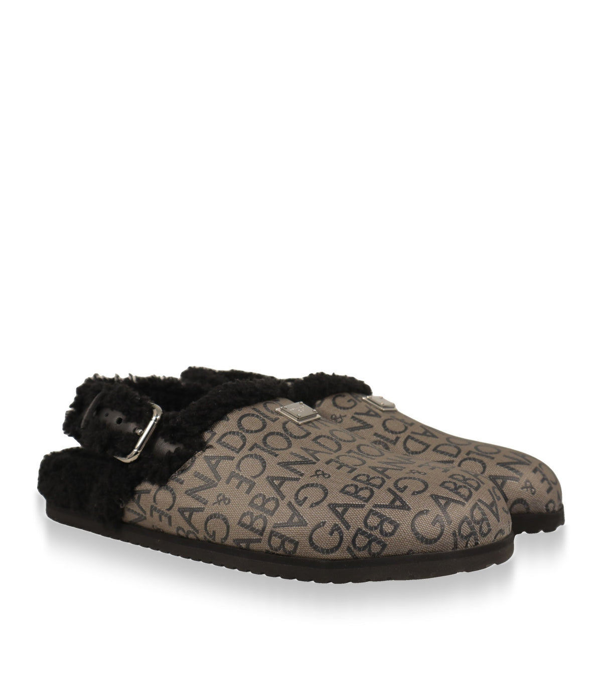 Dolce & Gabbana Clogs für Herren mit schwarzem Lammfell und silberfarbener Schnalle, Schrägansicht