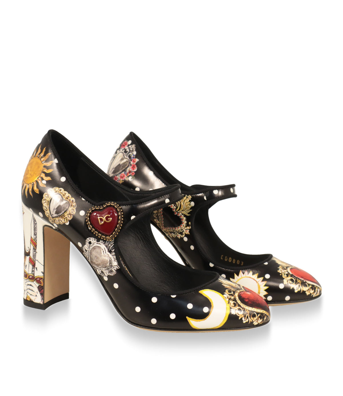 Dolce & Gabbana Mary Jane Pumps aus Kalbsleder mit Polka Dots und rotem DG-Herz am Riemen, Paaransicht
