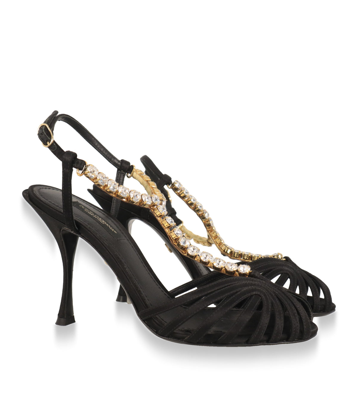 Dolce & Gabbana Sandaletten Paar in Schwarz mit goldfarbenen Kristallriemen, Schrägansicht
