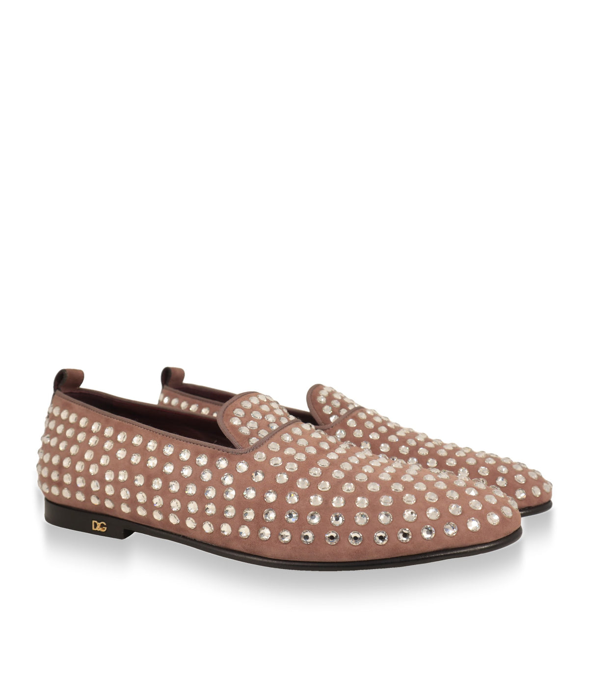 Dolce & Gabbana Slipper mit Kristallen und schwarzer Ledersohle im Paar, Dreiviertelansicht