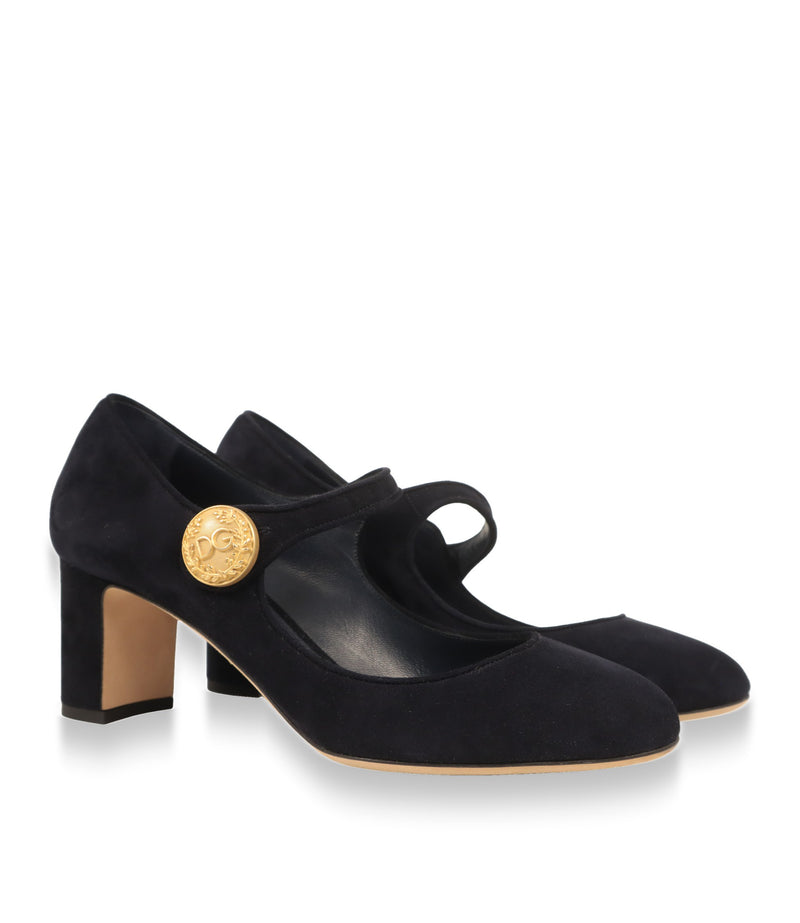 Dolce & Gabbana Mary Jane Schuhe Paar in Marineblau mit goldfarbenem DG-Knopf