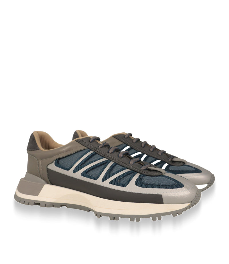 Dolce & Gabbana Herren Sneaker Paar in Grau-Petrolblau mit weißer Zwischensohle, Schrägansicht