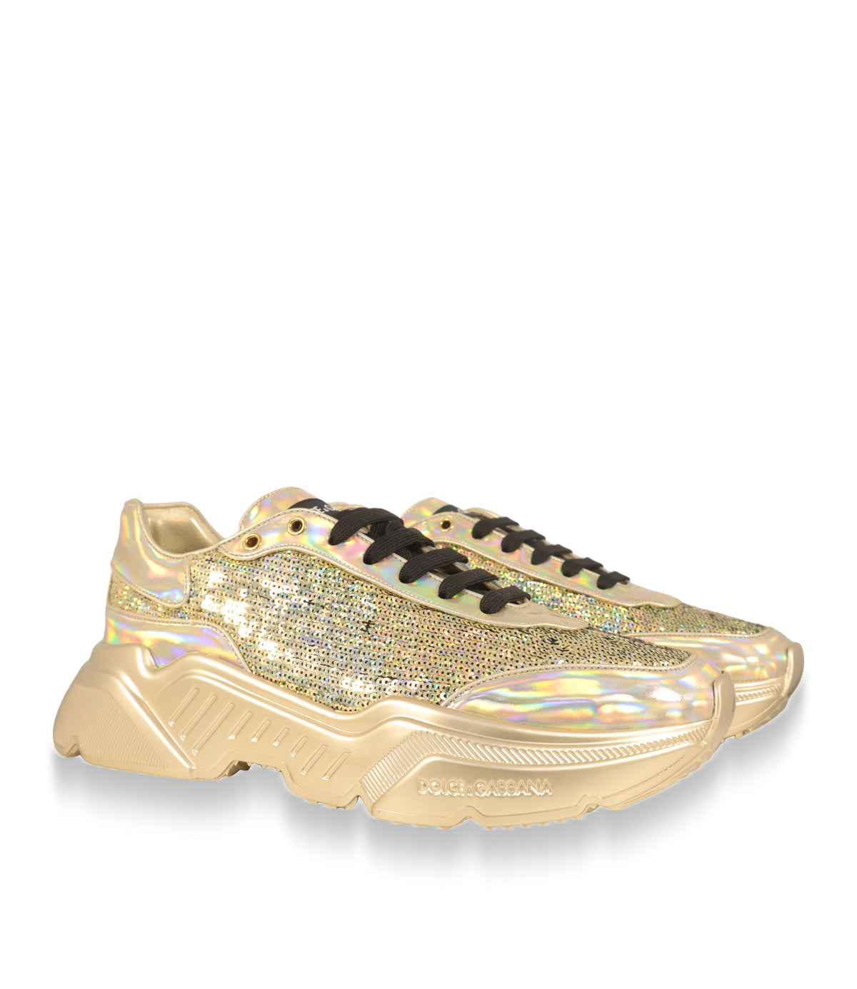 Dolce & Gabbana Herren Sneaker Gold, Paar in Schrägansicht mit Plateausohle