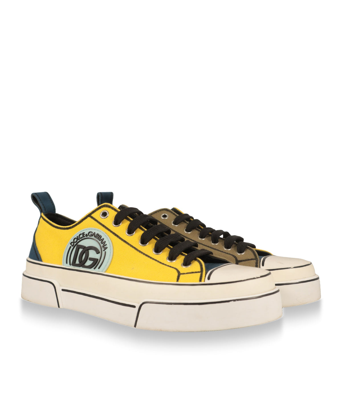 Dolce & Gabbana Herren Sneaker in Gelb, Blau und Oliv mit weißer Gummisohle, Paaransicht schräg