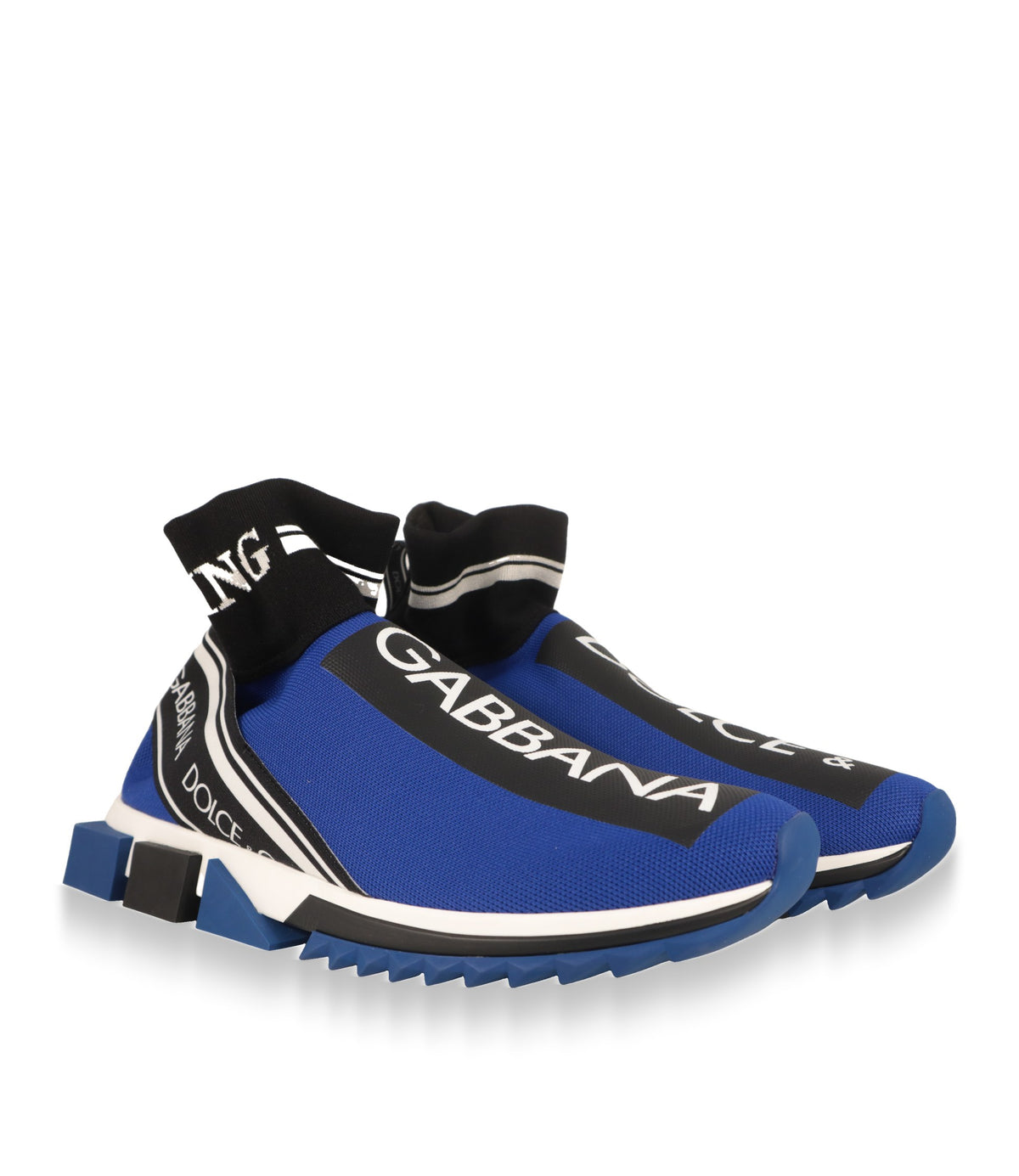 Dolce & Gabbana Sneaker Paar in Blau-Schwarz mit weißer Laufsohle, Schrägansicht