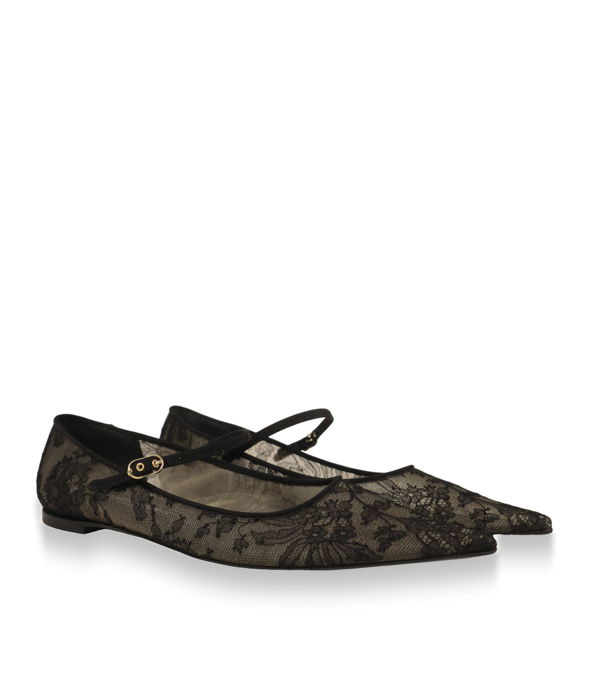Dolce & Gabbana Spitzen-Ballerinas mit Riemchen und goldfarbener Schnalle, Paar schräg von vorn