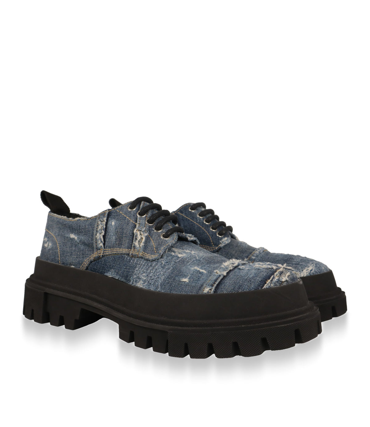 Dolce & Gabbana Derby Schuhe Paar in Dreiviertelansicht mit Patchwork-Denim und schwarzer Schnürung