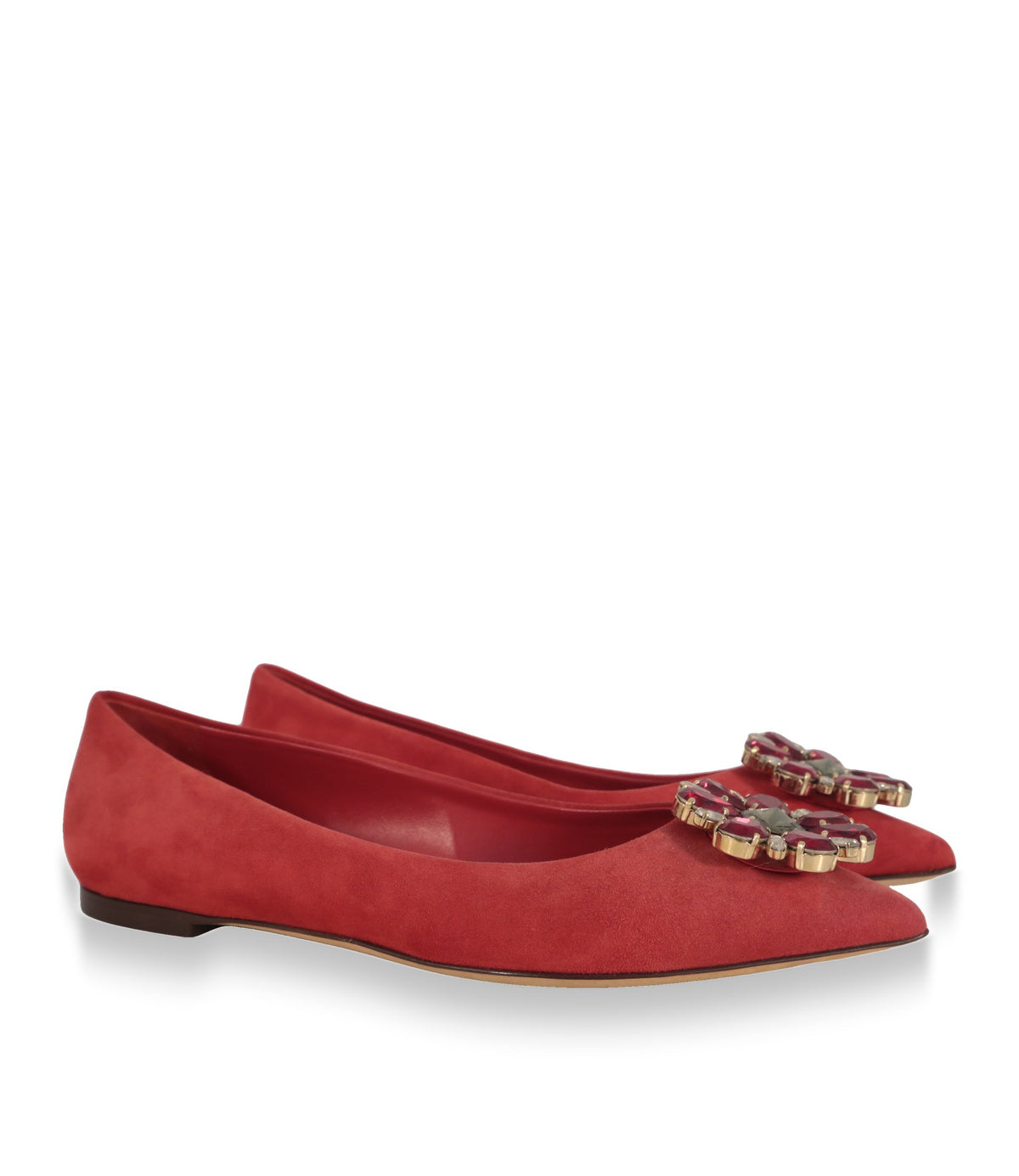 Rote Wildleder-Ballerinas von Dolce & Gabbana im Paar, schräg von vorn