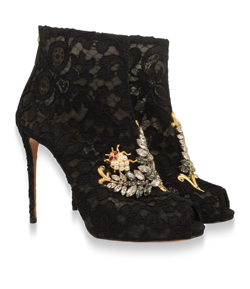 Dolce & Gabbana Stiefeletten Paar aus schwarzer Spitze mit Peep-Toe und Stiletto-Absatz