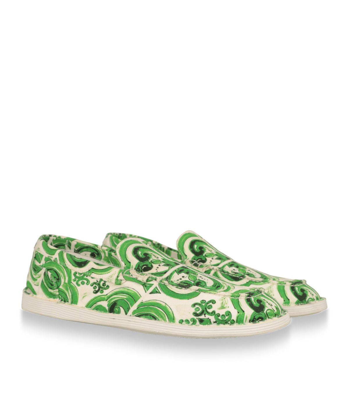 Dolce & Gabbana Herren Slipper aus bedrucktem Denim mit weißer Gummisohle, Paaransicht schräg