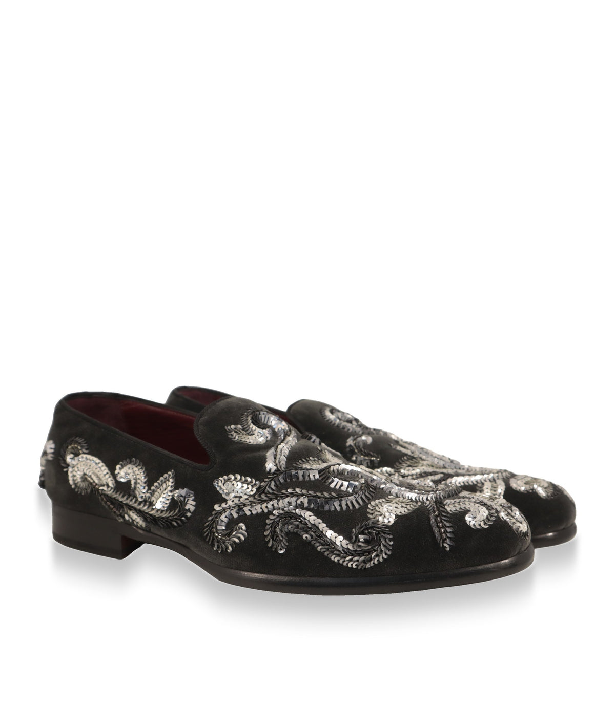 Dolce & Gabbana Slipper Paar in Anthrazit mit barocker Pailletten-Stickerei, Schrägansicht