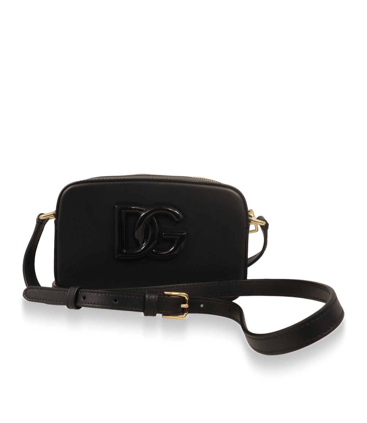 Schwarze Dolce & Gabbana Umhängetasche mit verstellbarem Lederriemen und goldfarbener Schnalle