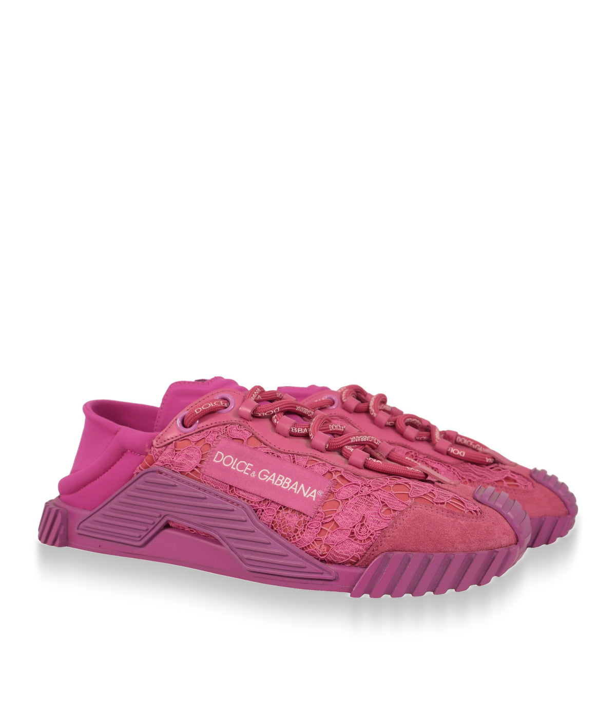 Dolce & Gabbana Sneaker Damen in Pink, Schrägansicht des Paares mit Logo-Schnürsenkeln