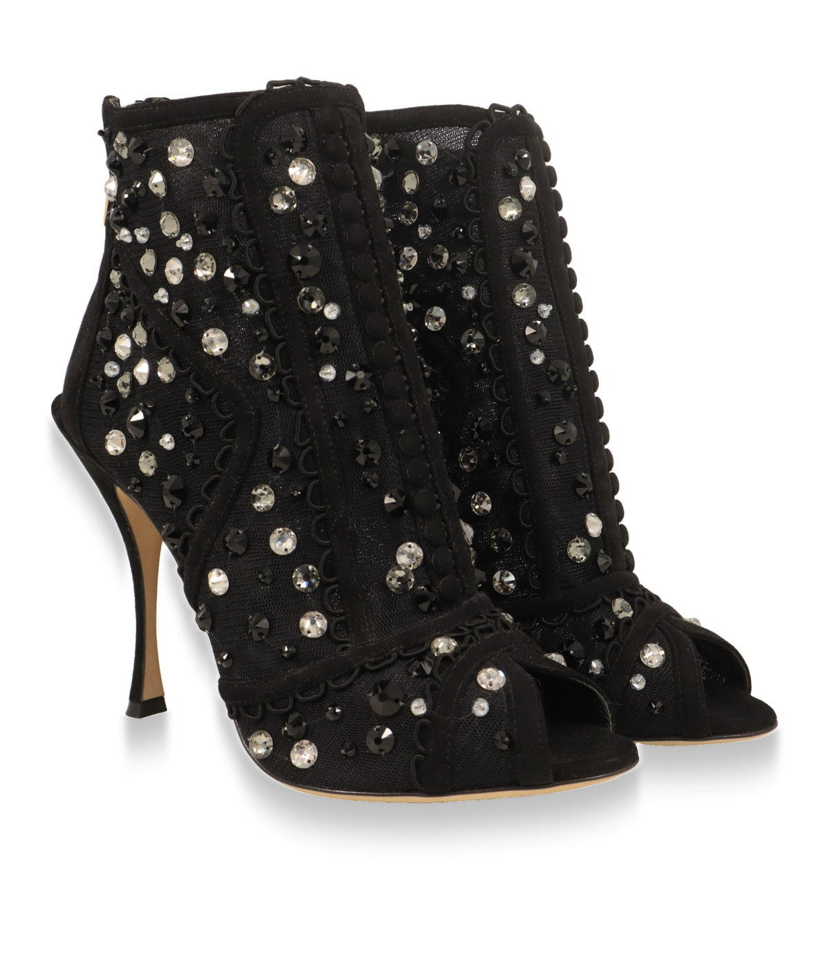 Dolce & Gabbana Stiefeletten Paar in Schwarz mit Kristallen und Peep-Toe, Dreiviertelansicht