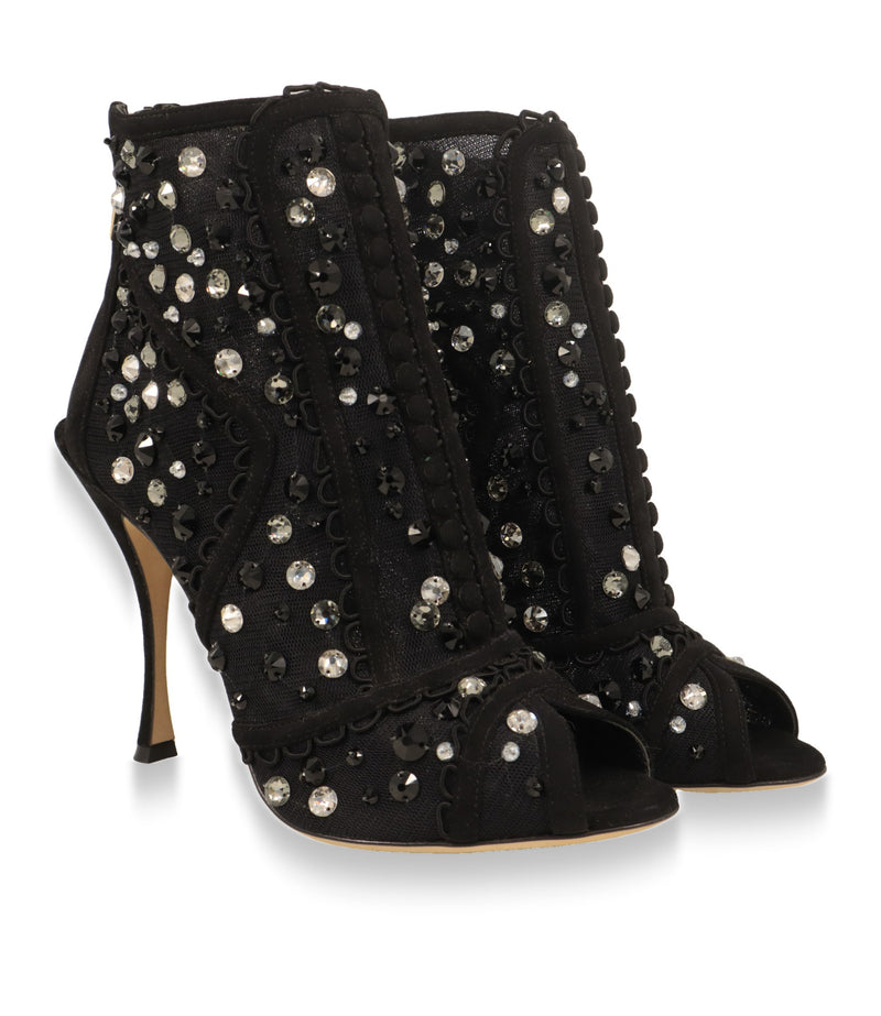 Dolce & Gabbana Stiefeletten Paar in Schwarz mit Kristallen und Peep-Toe, Dreiviertelansicht