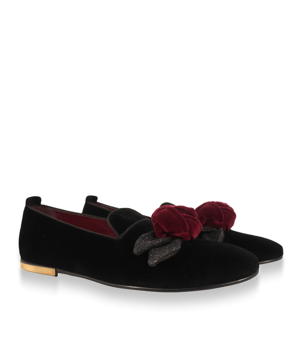 Dolce & Gabbana Samt Slipper Paar in Schwarz mit bordeauxfarbener Rose und Glitzerblättern