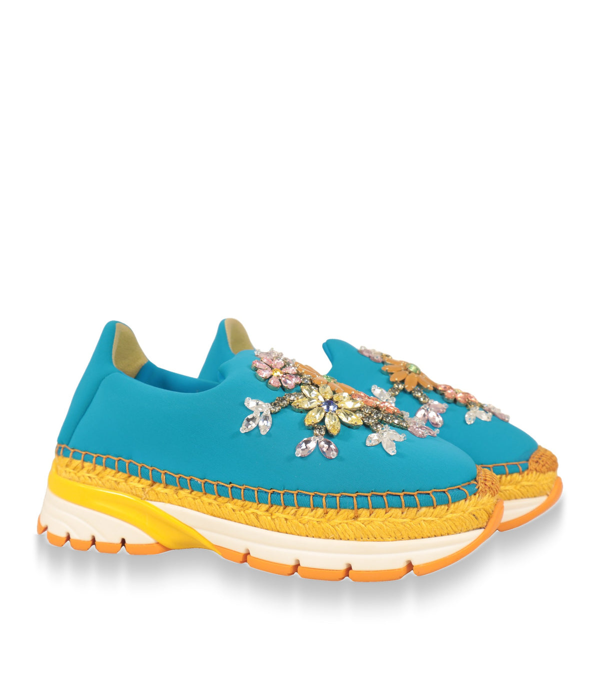 Türkise Dolce & Gabbana Damen Sneaker mit Bastrand und Plateausohle, Schrägansicht